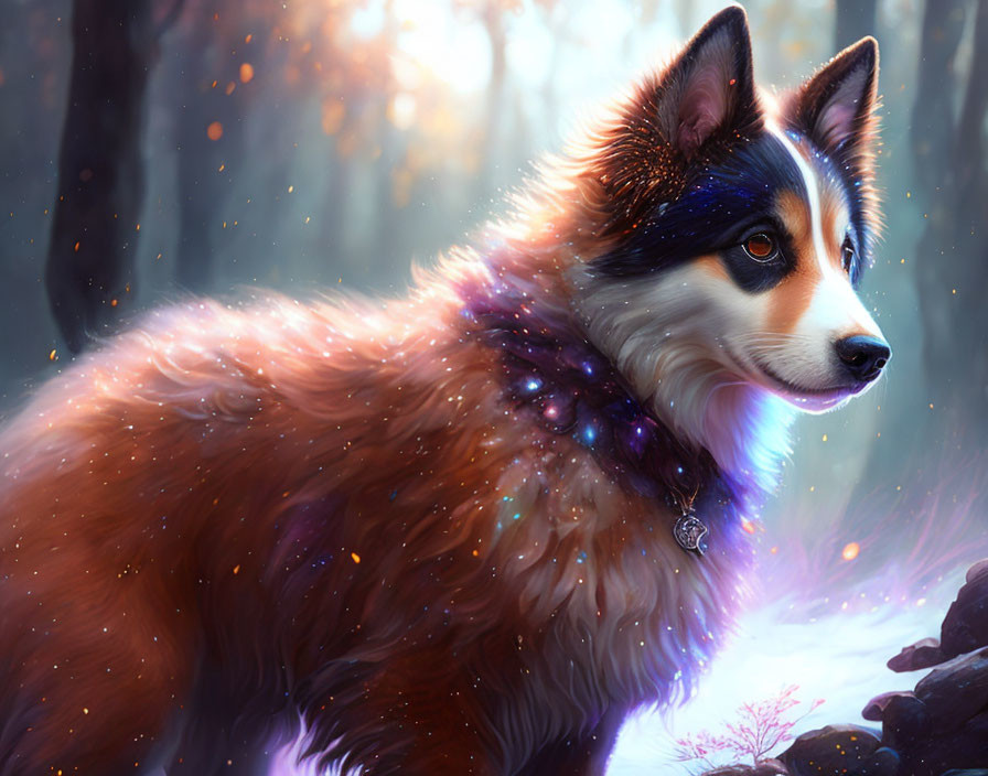 Detailed Digital Art: Majestic Dog in Vibrant Forest Setting