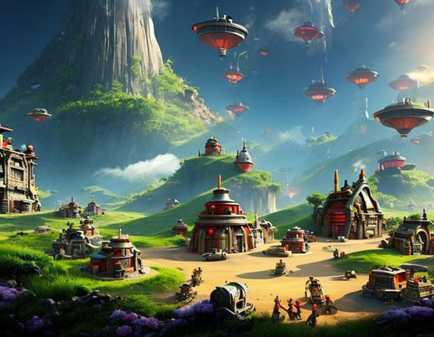 Fantastical landscape with traditional buildings and futuristic flying vehicles.