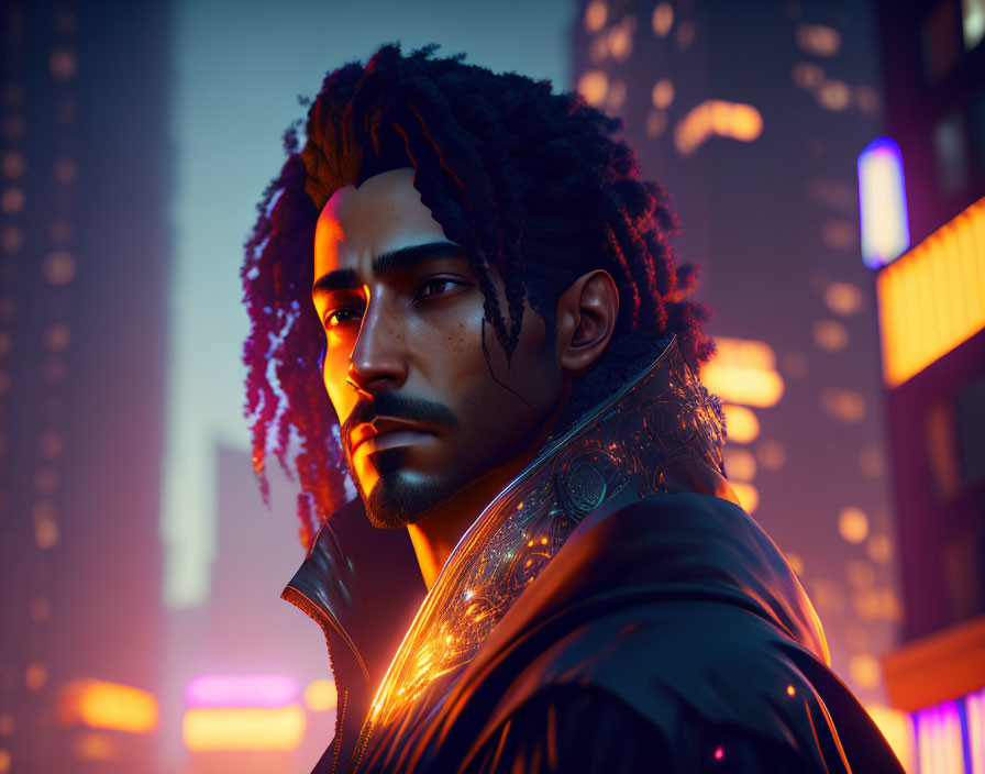 Man with dreadlocks in neon-lit city at dusk, wearing glowing jacket