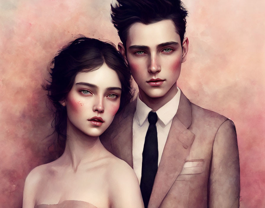 Pair in digital art: woman bare-shouldered, man in suit with green eyes and blush,