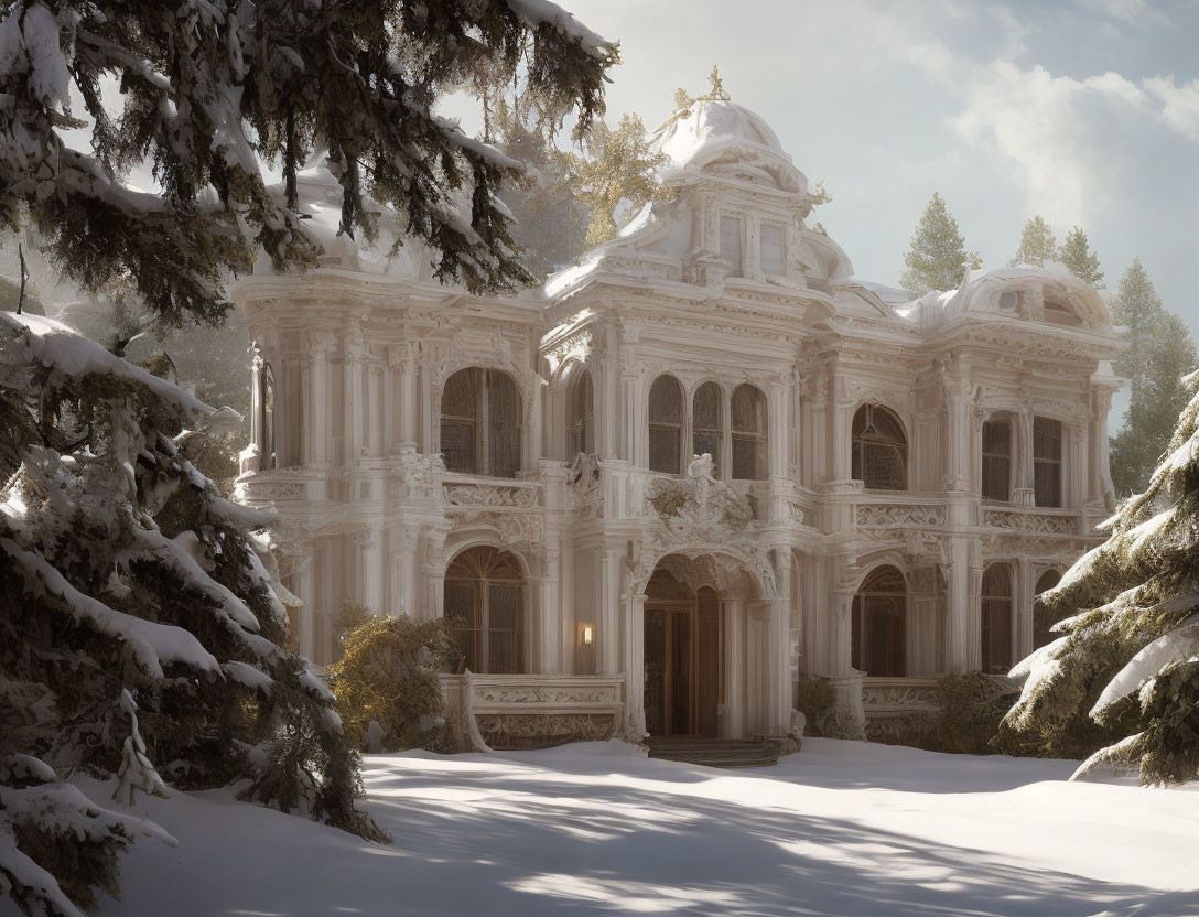 Baroque-style mansion in snow-covered pine tree setting