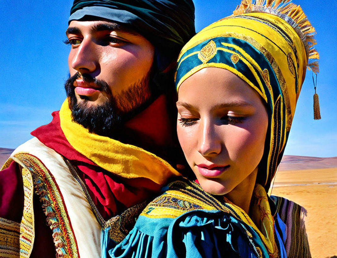 Two individuals in traditional Middle Eastern clothing in desert setting.