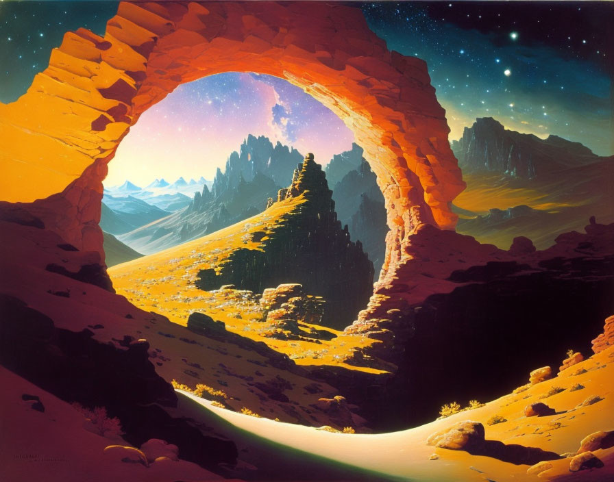 Colorful artwork of celestial landscape with arched rock formation & starry sky.