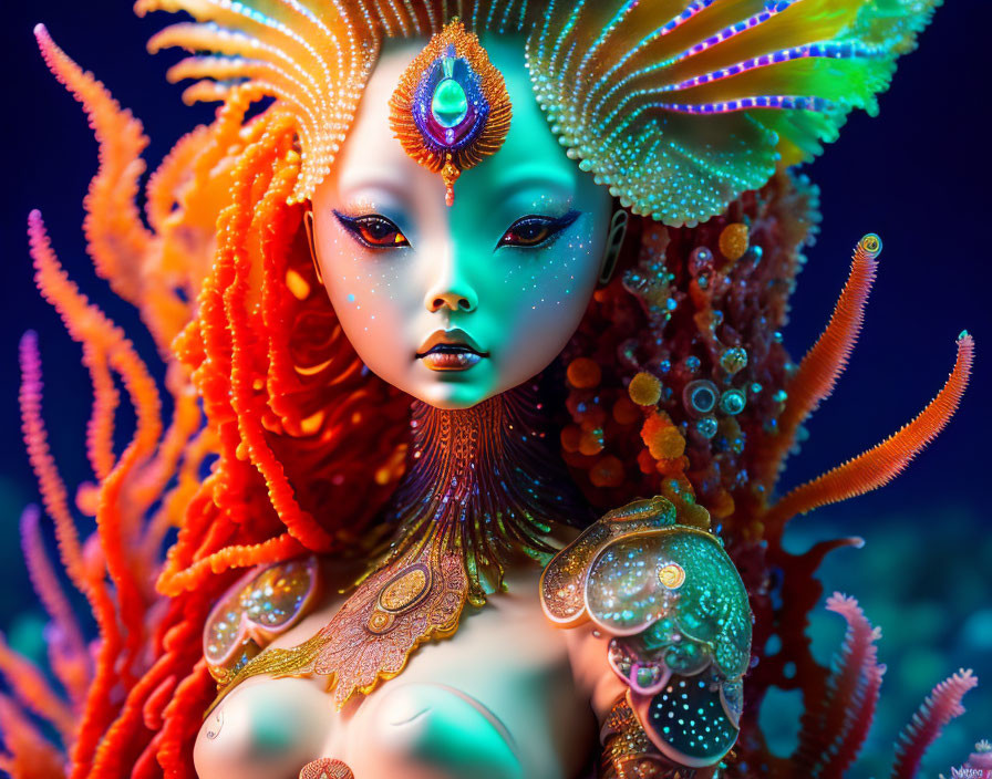 Fantasy-themed image: Vibrant figure with coral-like hair and blue skin