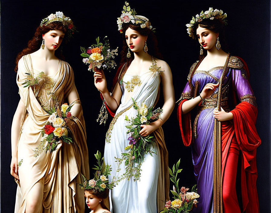 Three Women in Classical Robes with Floral Wreaths and Bouquets on Dark Background