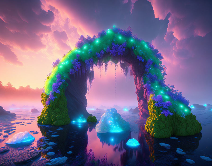 Neon-lit arch with purple flowers over misty water landscape