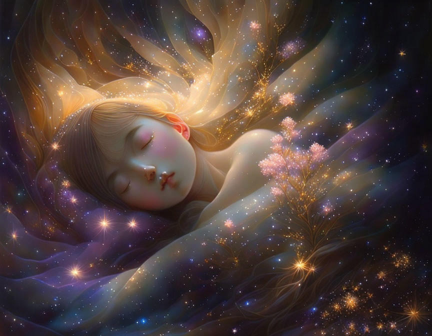 Tranquil illustration of girl sleeping in cosmic backdrop