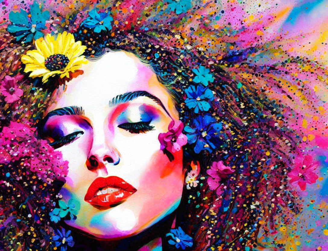 Colorful portrait of woman with floral hair explosion and mix of realistic & abstract elements