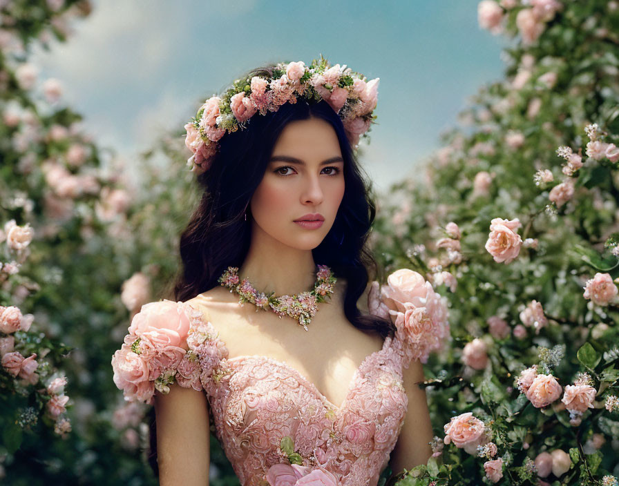 Woman in floral dress and flower crown among blooming roses under blue sky