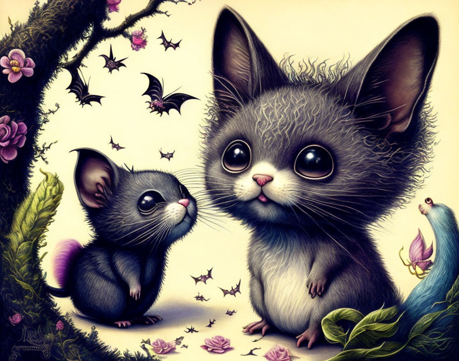 Stylized cartoonish cats in whimsical setting with bats and flora