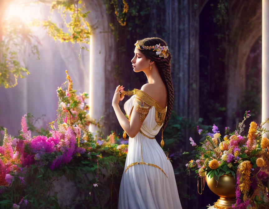 Woman in white and gold gown with floral headpiece among vibrant flowers and sunlight filtering through trees.