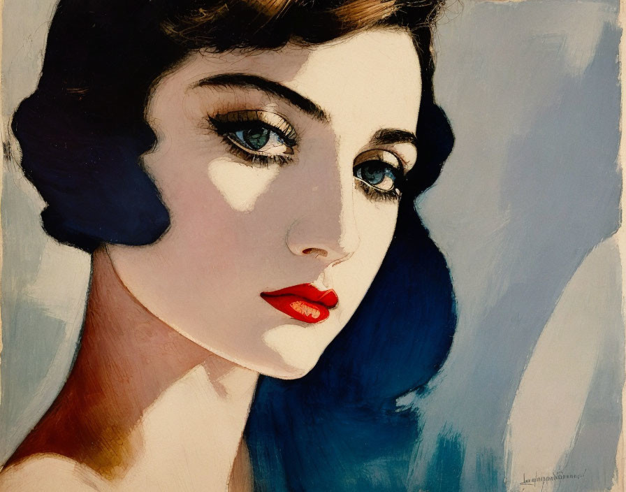 Stylized portrait of a woman with blue eyes and red lips on cream and blue backdrop