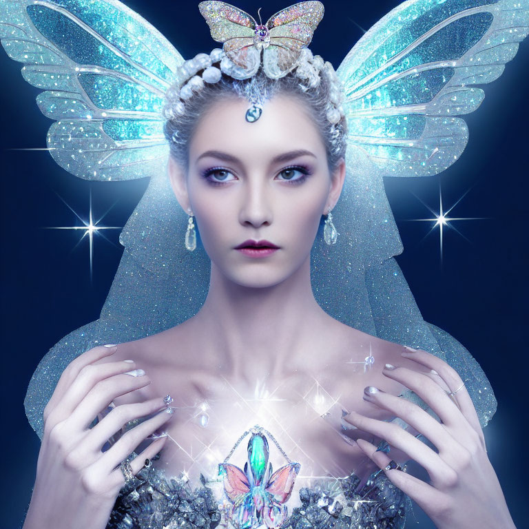 Fantasy-themed portrait of a woman with glowing butterfly wings and sparkling jewelry