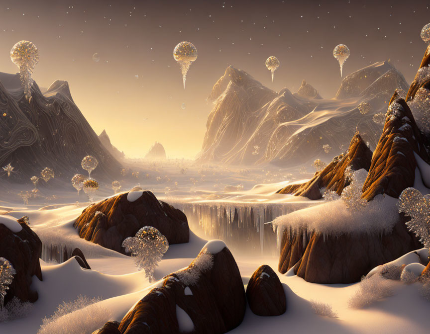 Snow-covered mountains and floating dandelion-like structures in a glowing winter landscape.