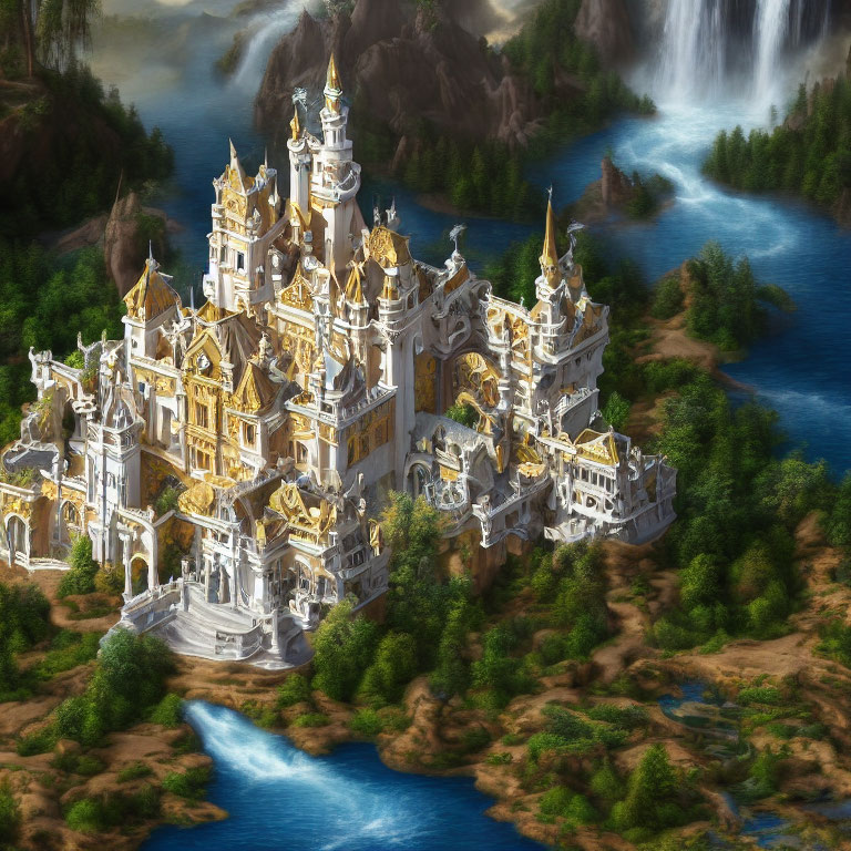 Majestic fantasy castle with golden spires in forest setting