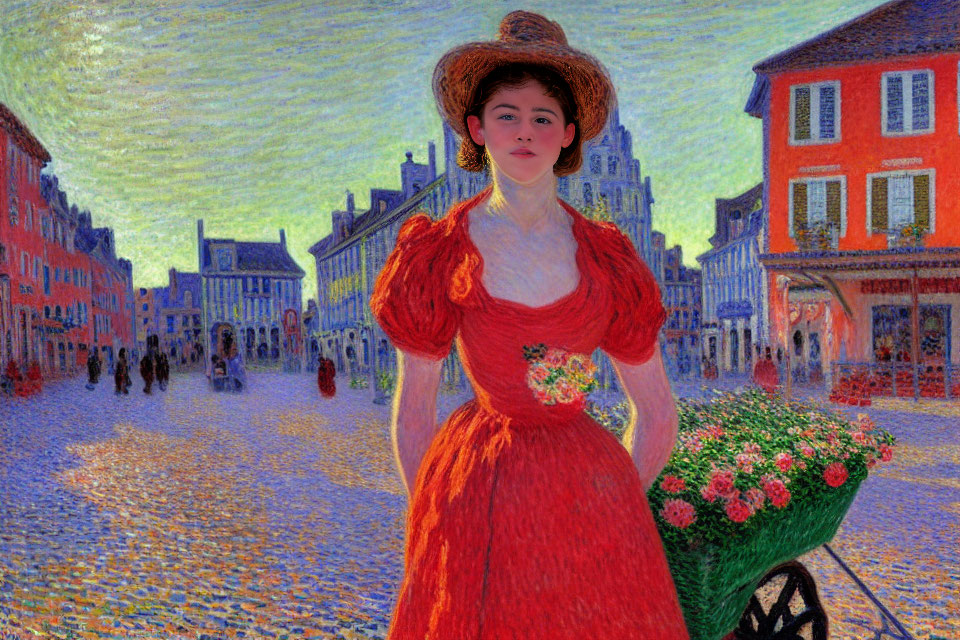 Woman in Red Dress with Straw Hat at Flower Cart in Impressionist Town Square