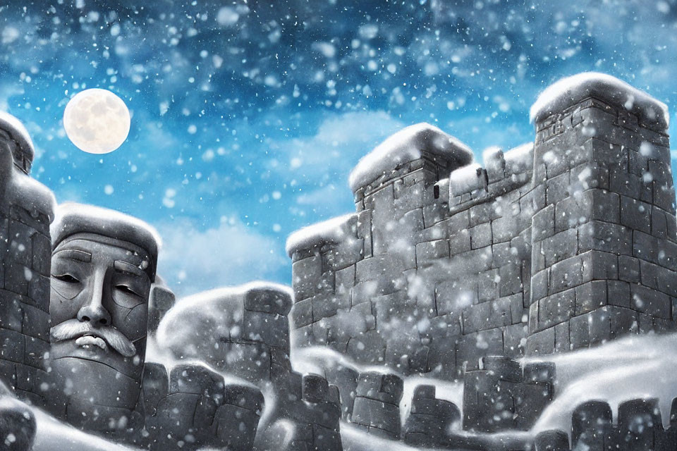 Snowy Scene: Ancient Stone Fortress and Statues in Moonlit Sky