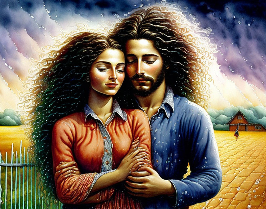 Stylized painting of couple embracing under starry night sky