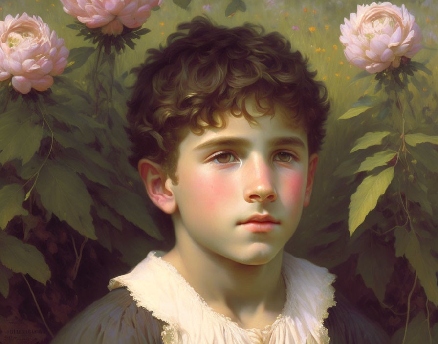 Young child with curly hair in oil painting among green leaves and pink flowers