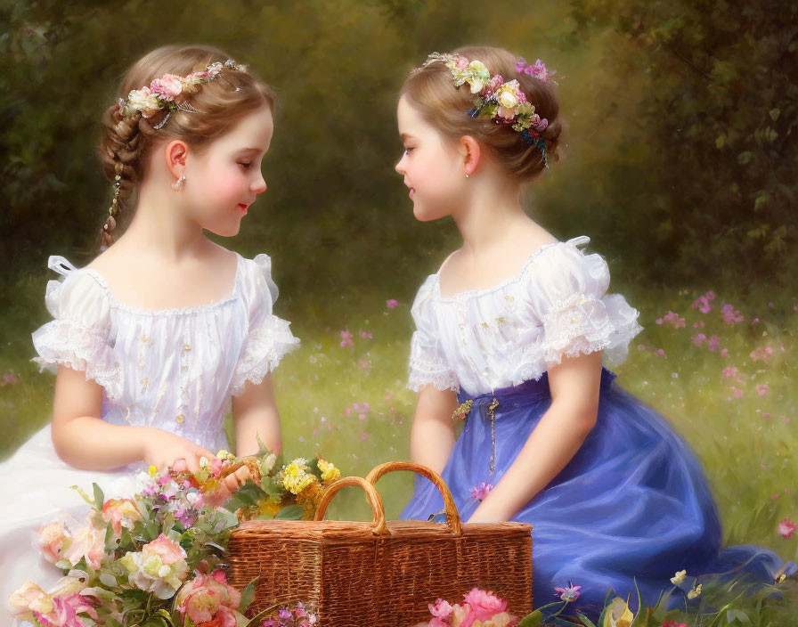 Vintage Dresses: Two Girls with Floral Crowns by Wicker Basket