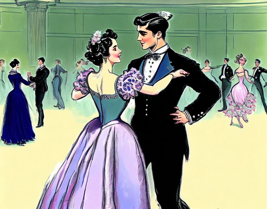 Vintage Ballroom Dancing Illustration with Couples in Formal Attire