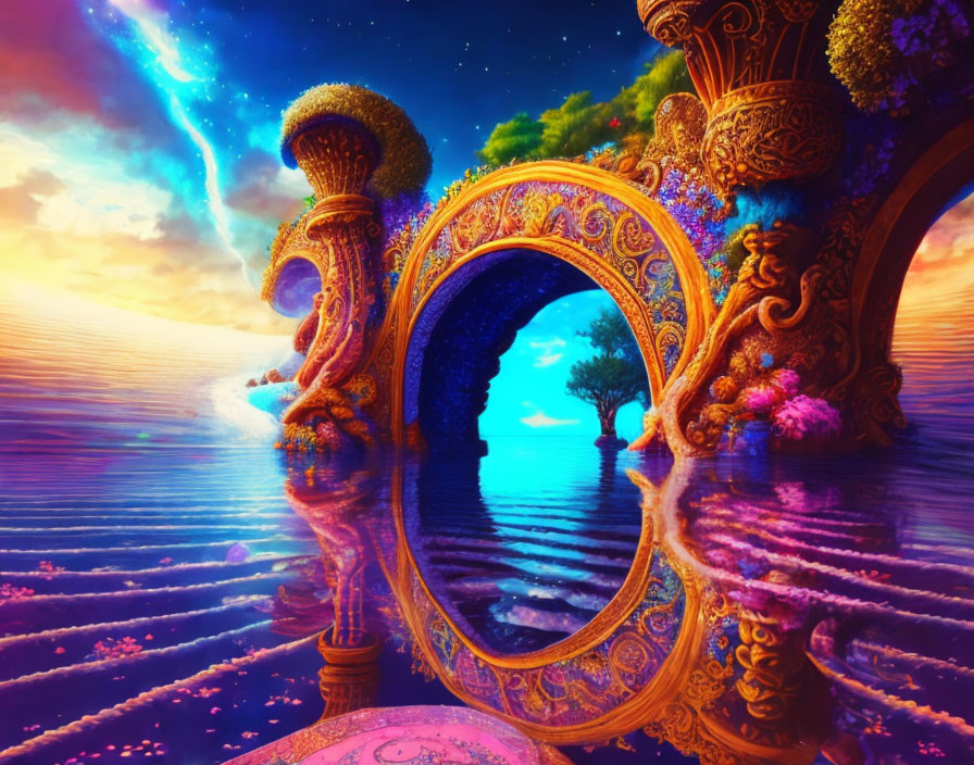 Colorful surreal landscape with golden arch, tranquil waters, and nebulous sky