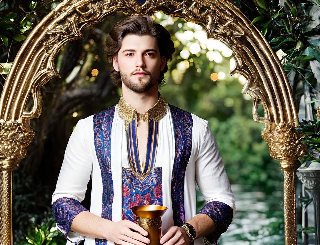 Young man in royal attire with golden goblet in ornate setting.