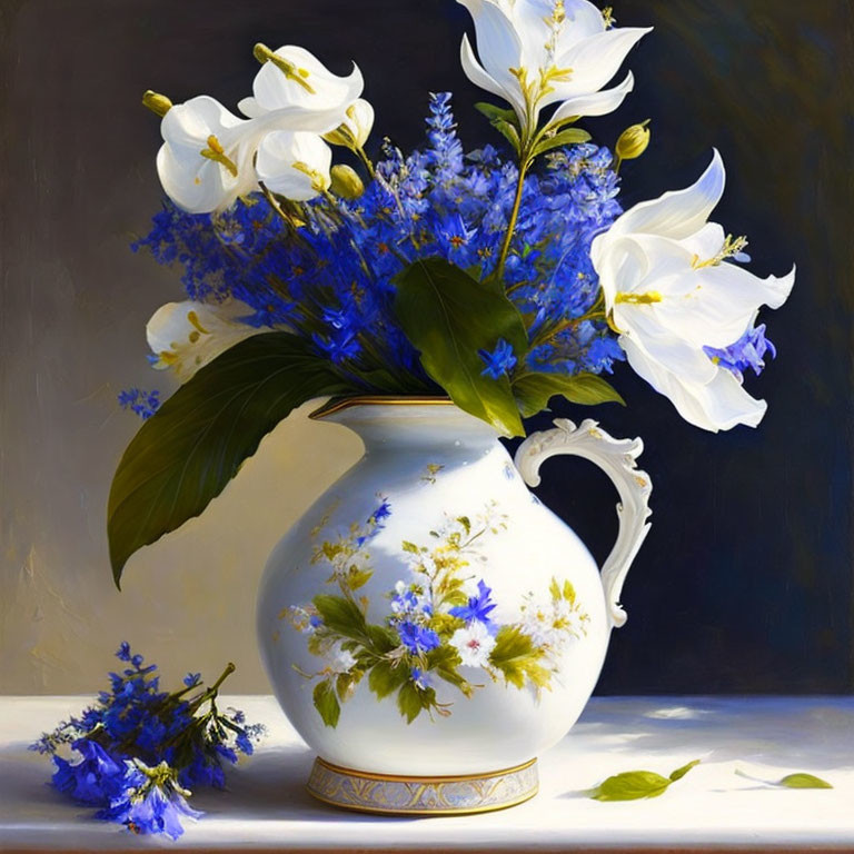 White vase with blue and gold trim, lilies and blue flowers on dark background.