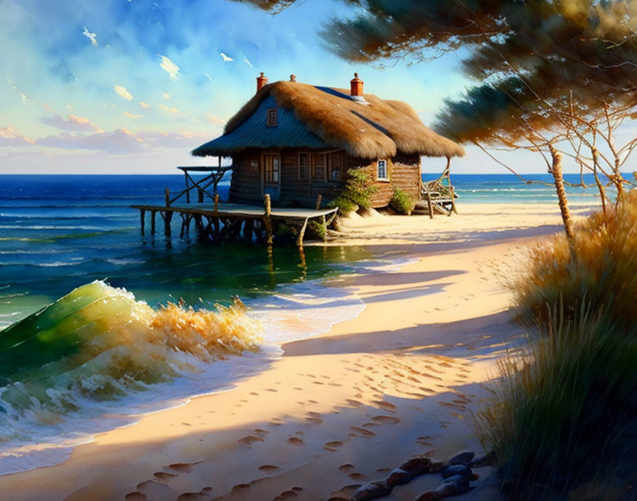 Thatched cottage by the sea with wooden pier, sand dunes, pine trees, crashing waves