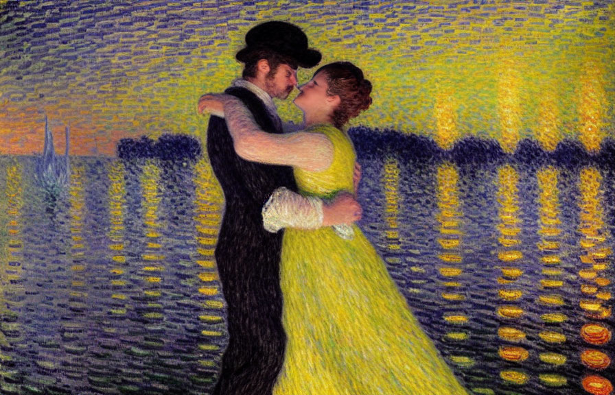 Vibrant pointillist painting of embracing couple dancing with water reflection background