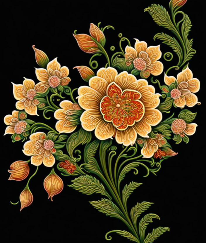 Colorful Floral Illustration: Orange and Yellow Bouquet on Black