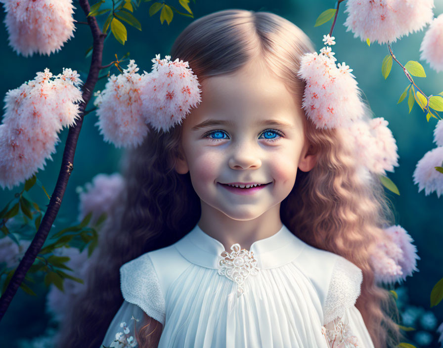 Young girl with blue eyes and curly hair among pink flowers in serene setting