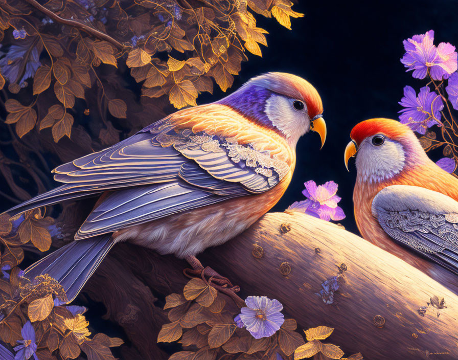 Colorful Birds Perched on Branch with Purple Flowers and Golden Leaves