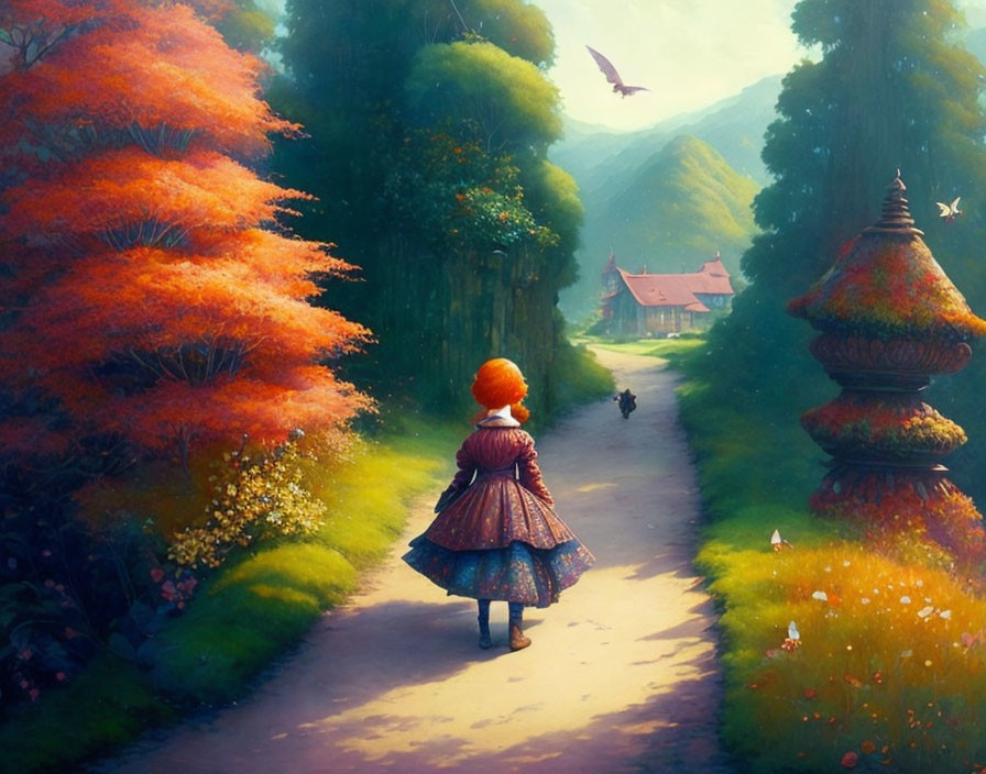 Child in patterned dress and red hat walking towards village through autumn trees.