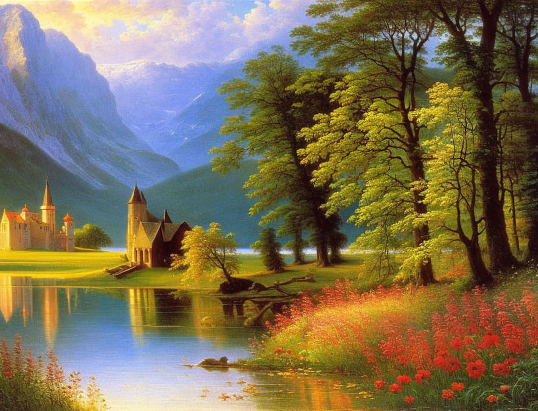 Tranquil castle landscape by lake, trees, mountains, vibrant flowers