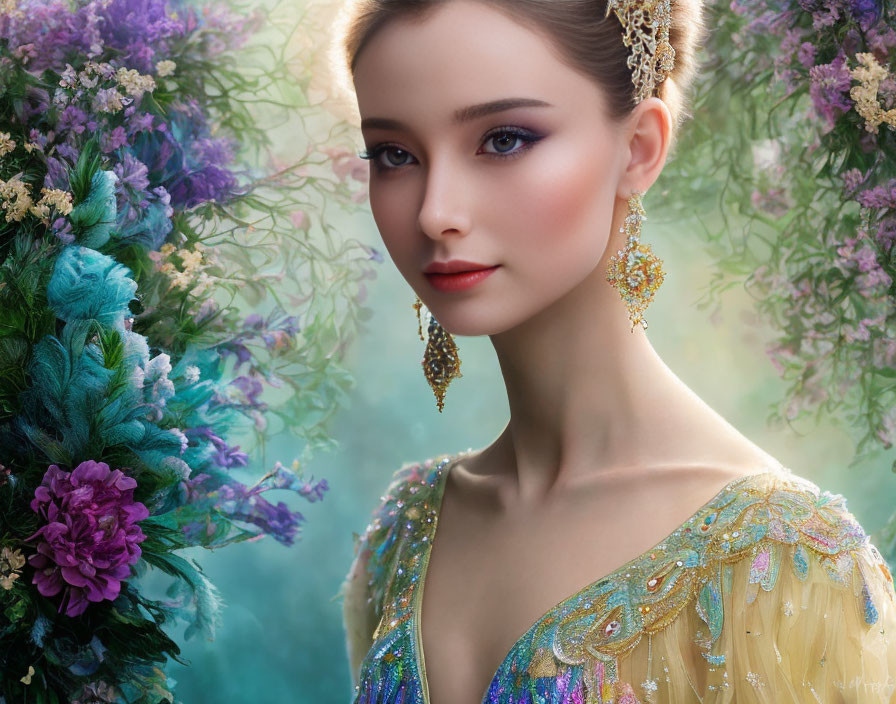 Woman with elegant makeup and jewelry among colorful flowers