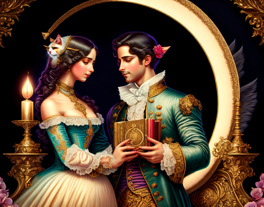 Victorian-themed romantic couple holding a book in golden frame