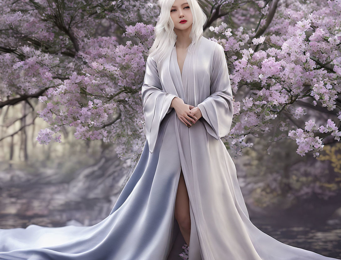 Long White-Haired Person in Gray Robe Under Pink Cherry Blossoms