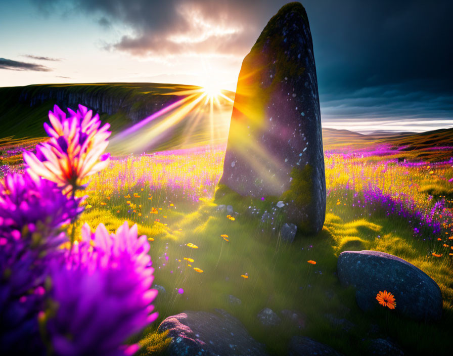 Purple Wildflowers and Standing Stone in Sunset Landscape