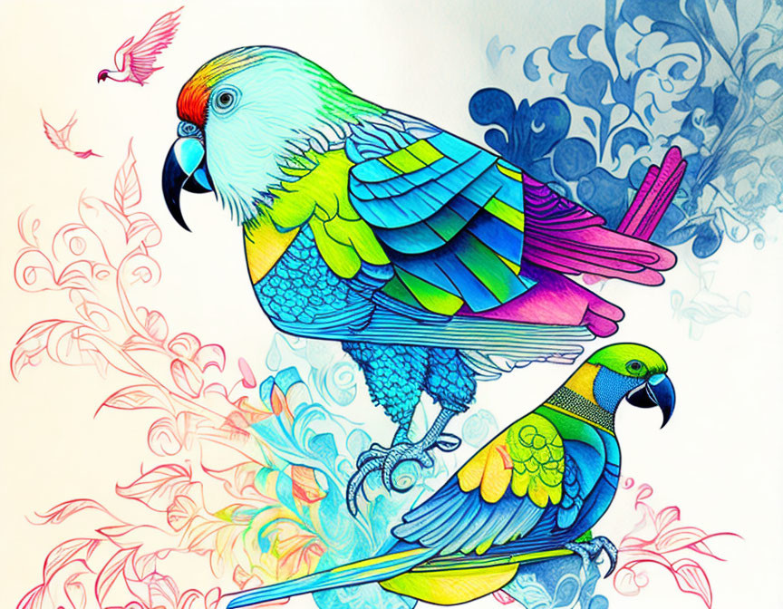 Vibrant parrot illustrations with floral backdrop