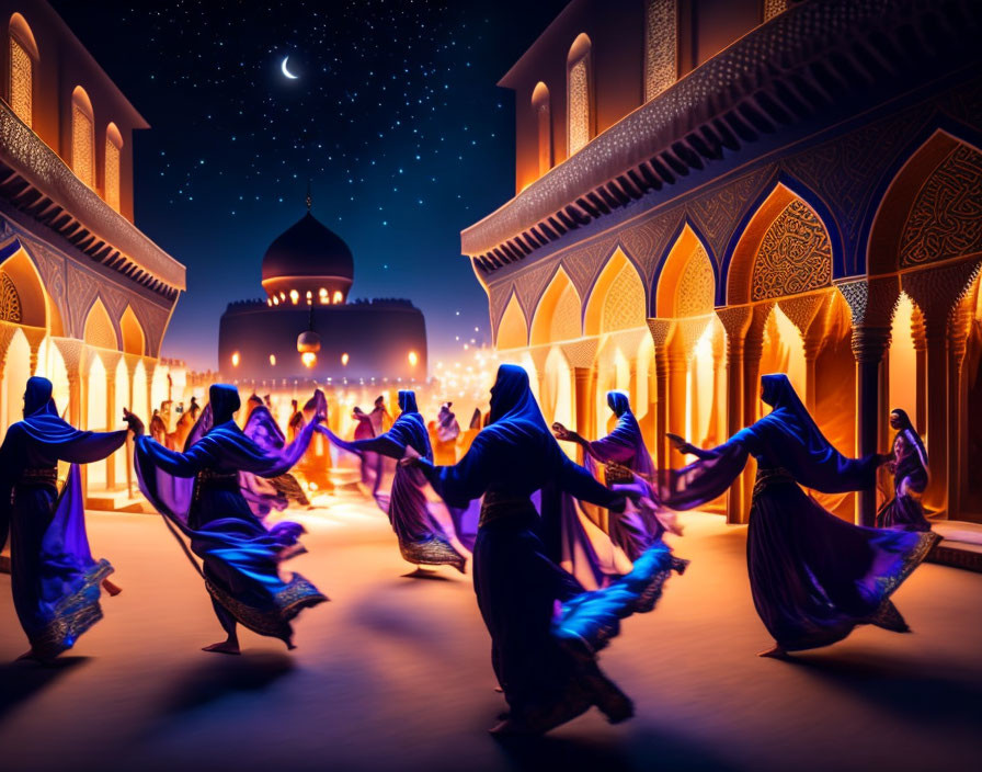 Vibrant Blue and Purple Attired Women Dancing in Moonlit Islamic Courtyard