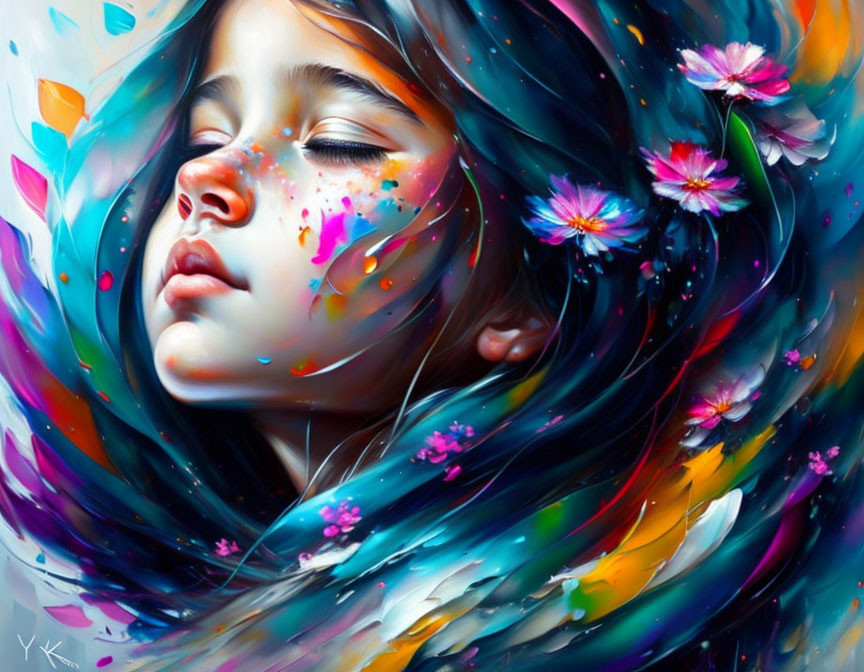 Colorful digital painting of young girl with eyes closed and flowing hair