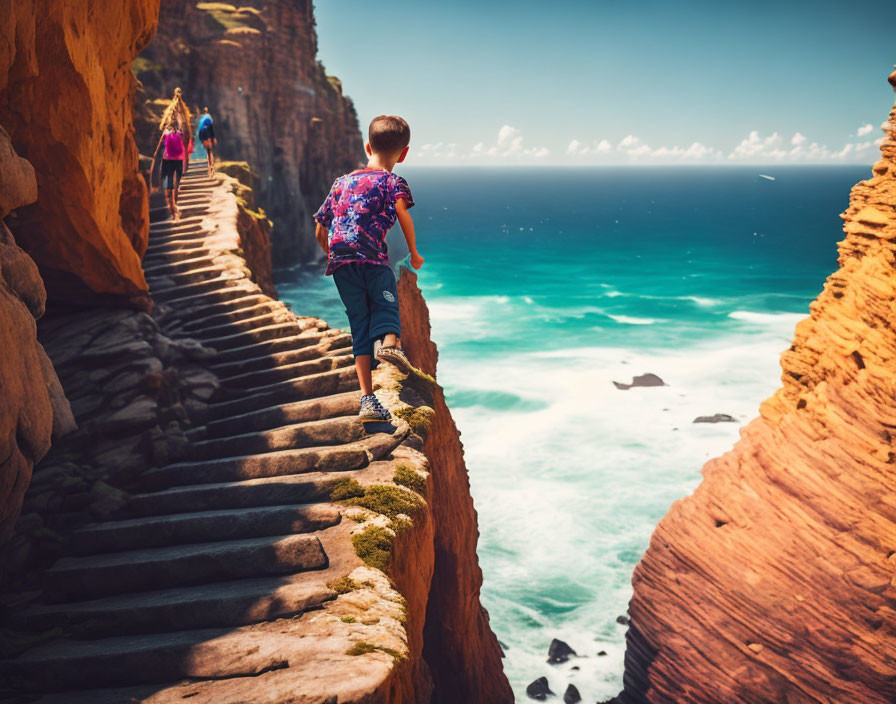 Child Climbing Steep Rocky Stairway by Ocean Cliff