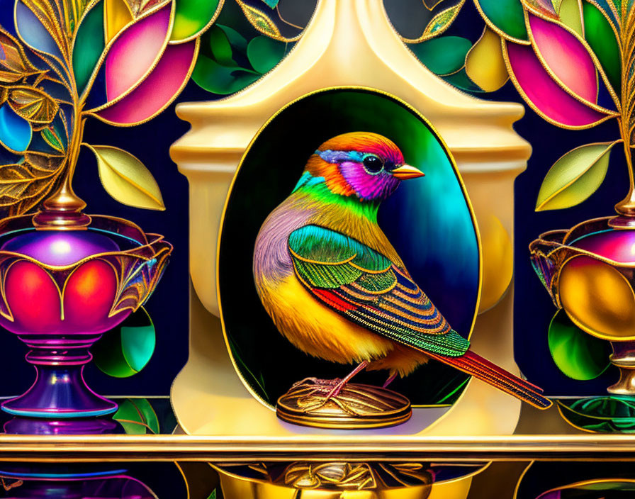 Colorful bird illustration in golden alcove with stained-glass foliage