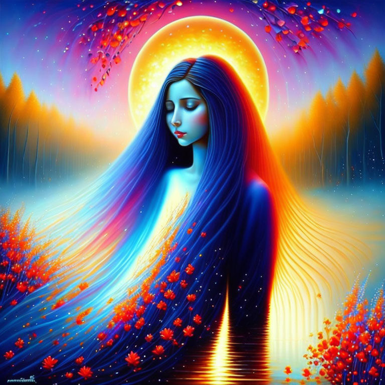 Artwork: Woman with Blue Hair in Celestial Setting