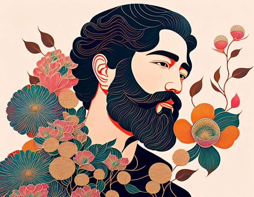 Illustrated portrait of a bearded man with colorful floral motifs on cream background