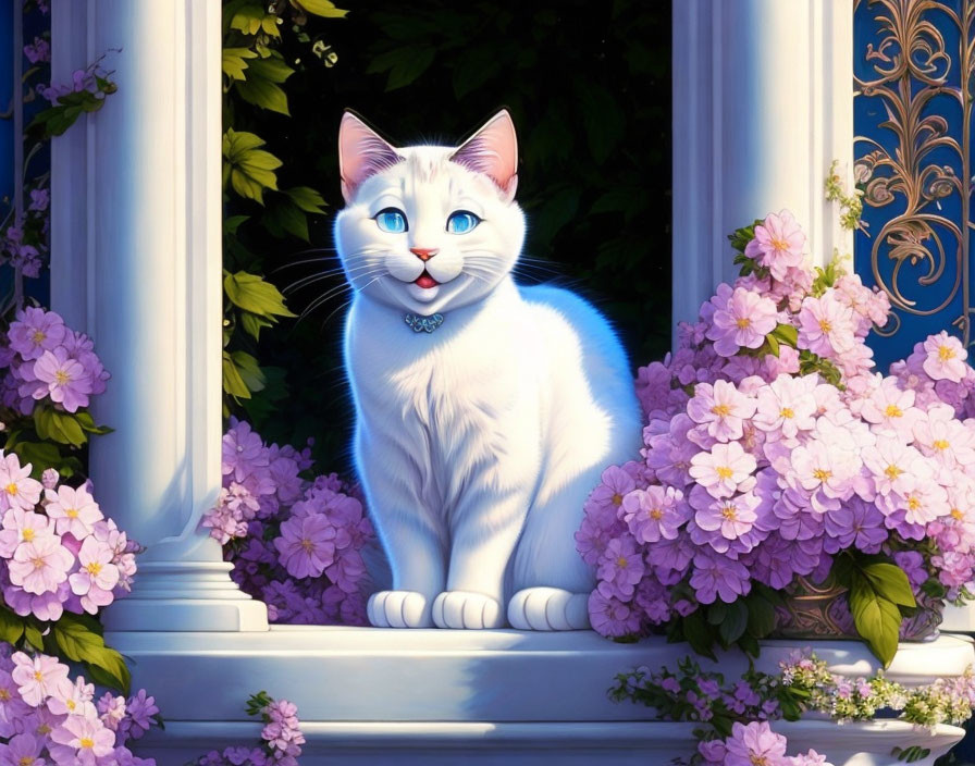 White Cat with Blue Eyes and Collar Surrounded by Purple Flowers and Architecture