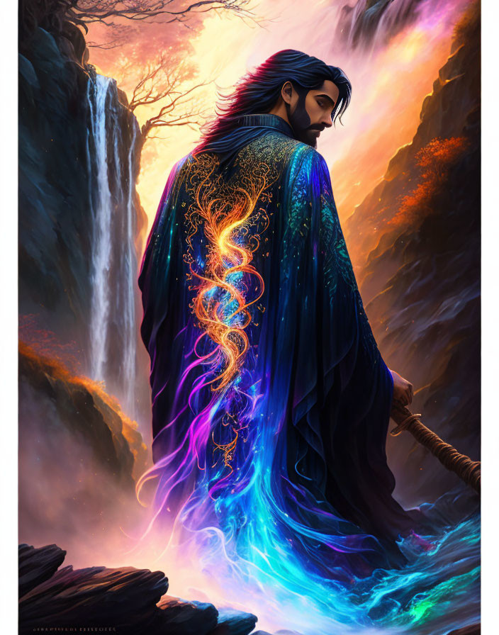 Bearded figure in cloak with glowing designs by waterfall