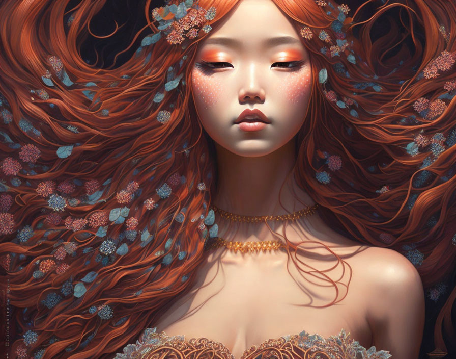 Digital artwork: Woman with auburn hair, blue flowers, freckles, ethereal glow