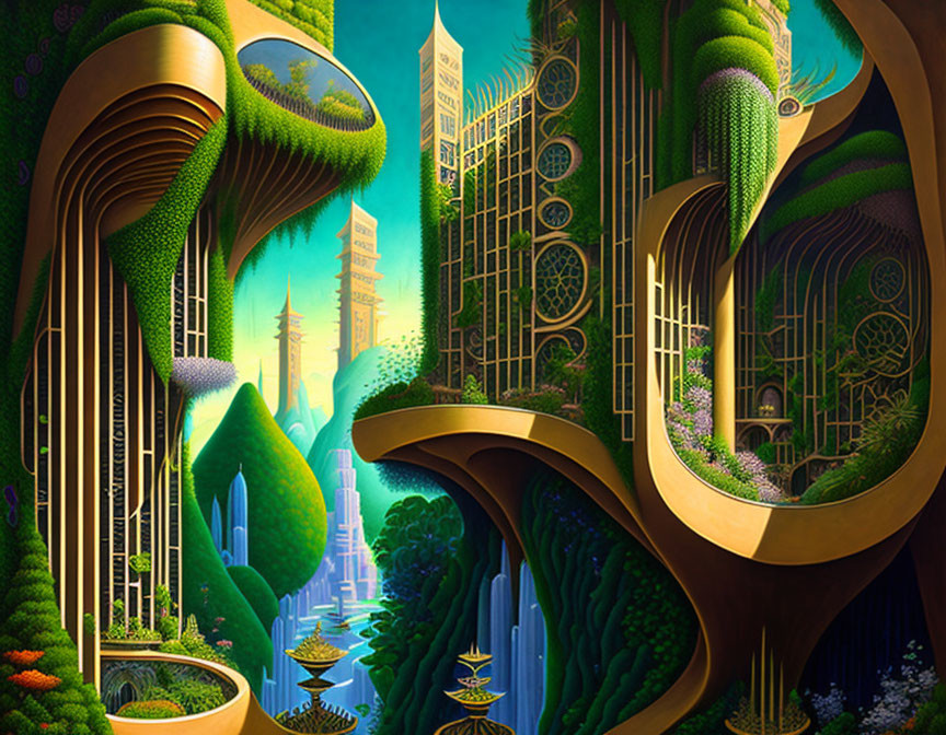 Futuristic cityscape with organic greenery, golden structures, and cascading water.